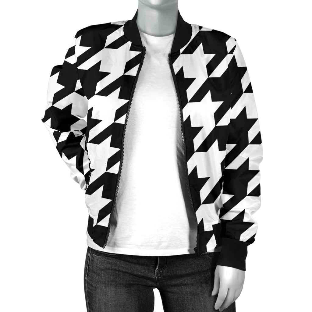 Houndstooth Black White Pattern Print Design 05 Women's Bomber Jacket
