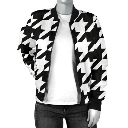 Houndstooth Black White Pattern Print Design 05 Women's Bomber Jacket