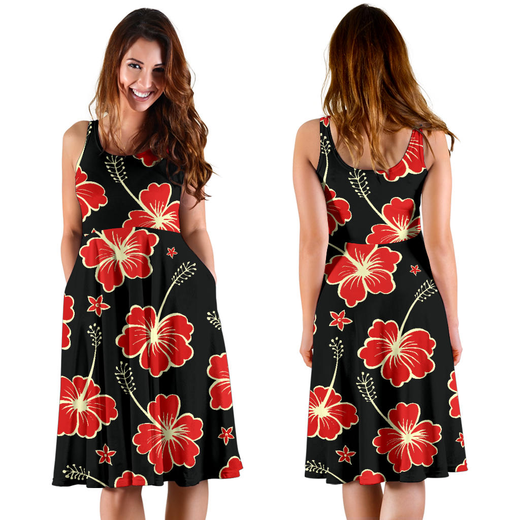 Red Hibiscus Pattern Print Design HB021 Midi Dress