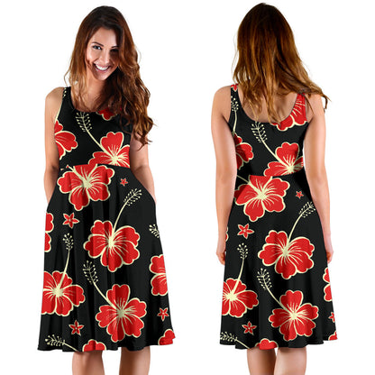 Red Hibiscus Pattern Print Design HB021 Midi Dress