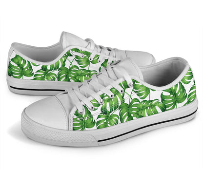 Palm Leaves Pattern Print Design PL08 White Bottom Low Top Shoes