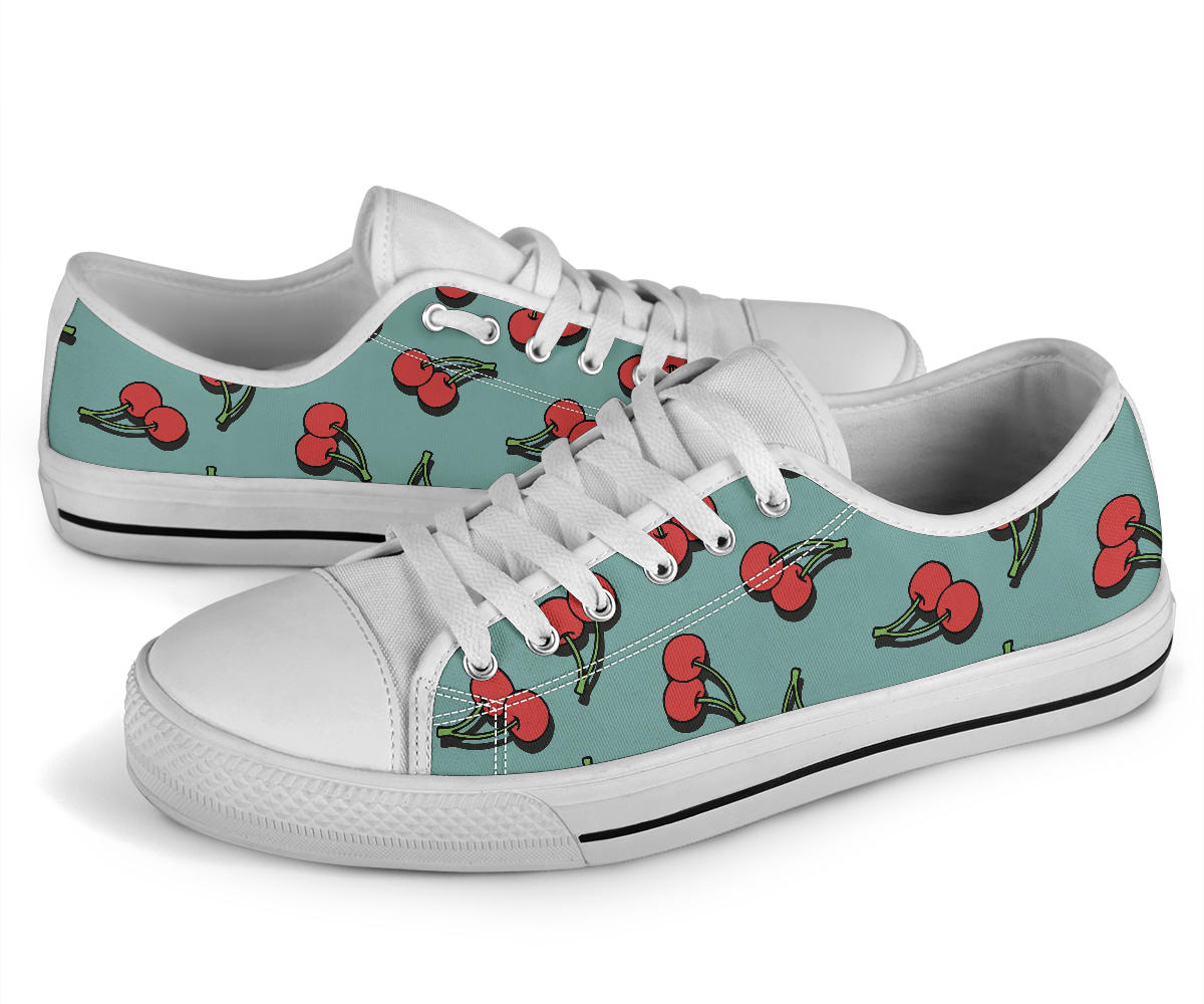 Cherry Pattern Print Design CH03 White Bottom Low Top Shoes