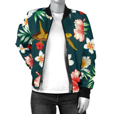 Hawaiian Flower Design with SeaTurtle Print Women Bomber Jacket