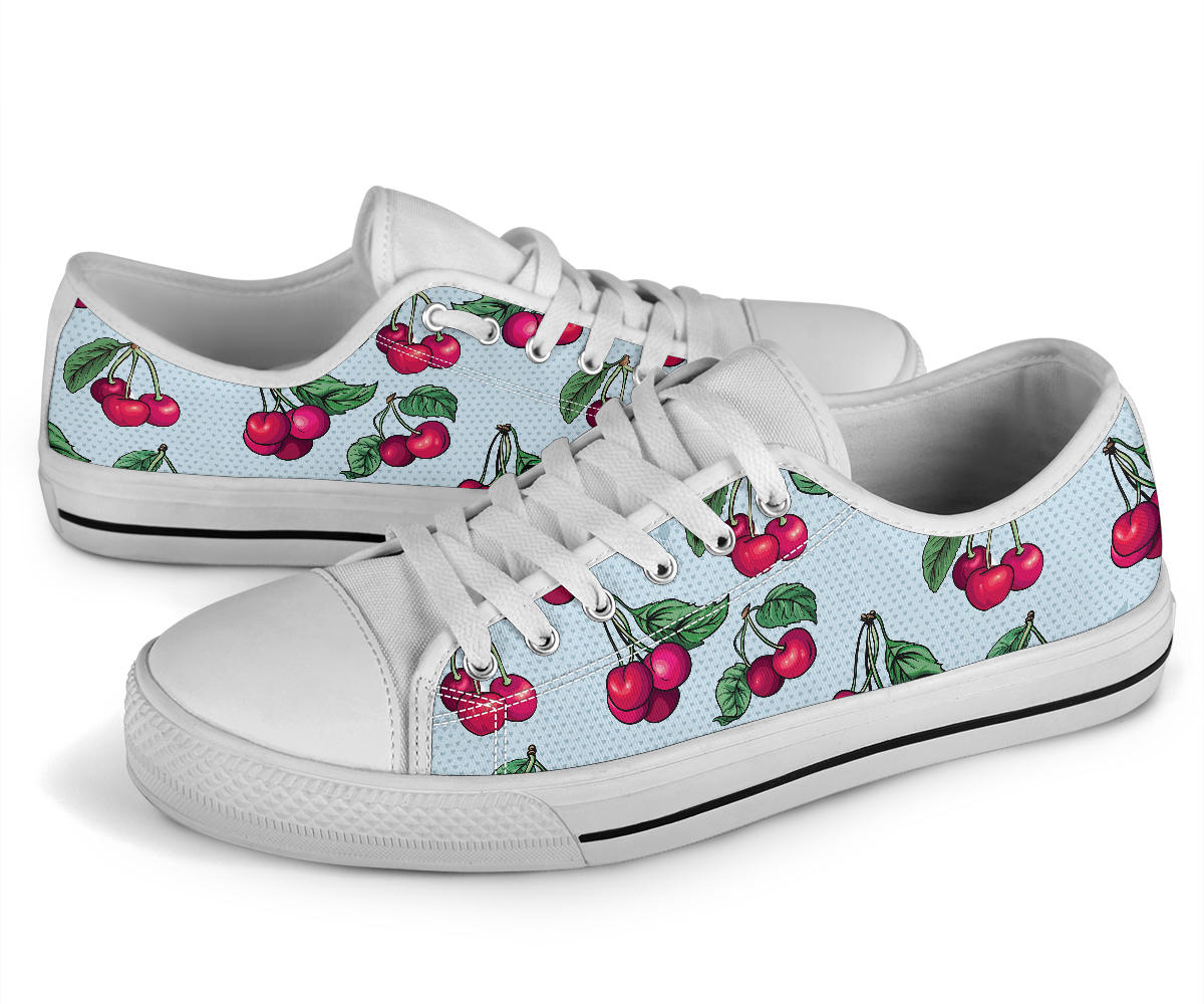 Cherry Pattern Print Design CH01 White Bottom Low Top Shoes