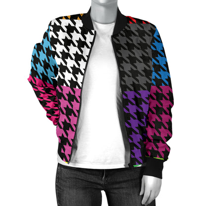 Houndstooth Colorful Pattern Print Design 01 Women's Bomber Jacket