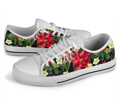 Poinsettia Pattern Print Design POT05 White Bottom Low Top Shoes