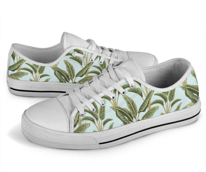 Banana Leaf Pattern Print Design BL03 White Bottom Low Top Shoes