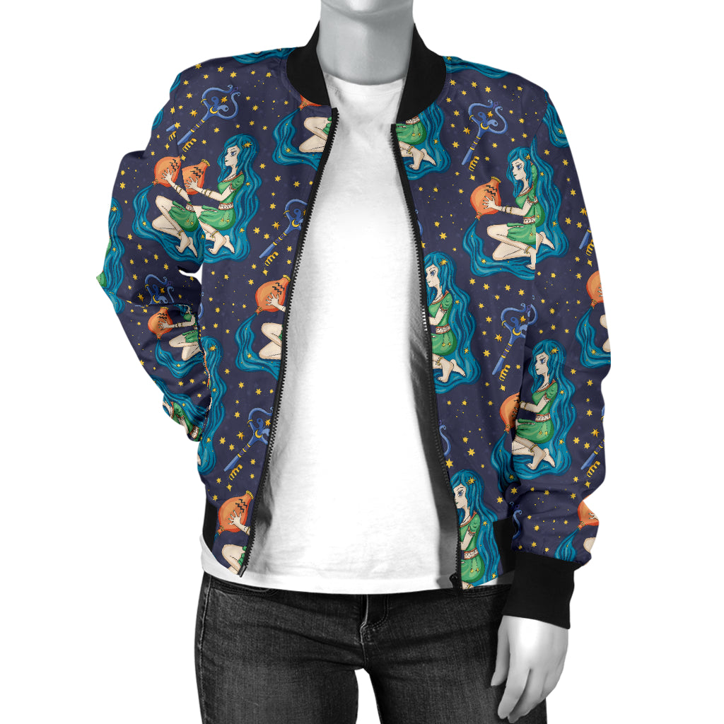 Aquarius Zodiac Pattern Print Design 03 Women's Bomber Jacket