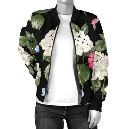 Hydrangea Pattern Print Design HD09 Women Bomber Jacket