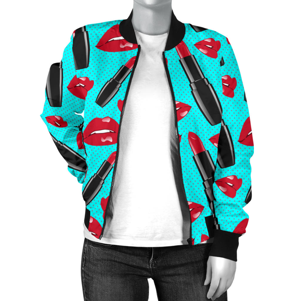 Lipstick Pattern Print Design LT02 Women Bomber Jacket