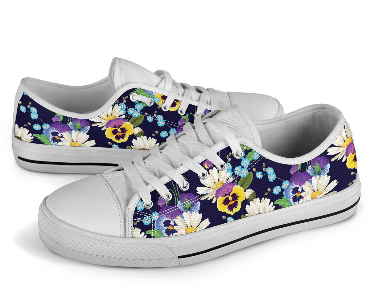 Pansy Pattern Print Design PS03 White Bottom Low Top Shoes