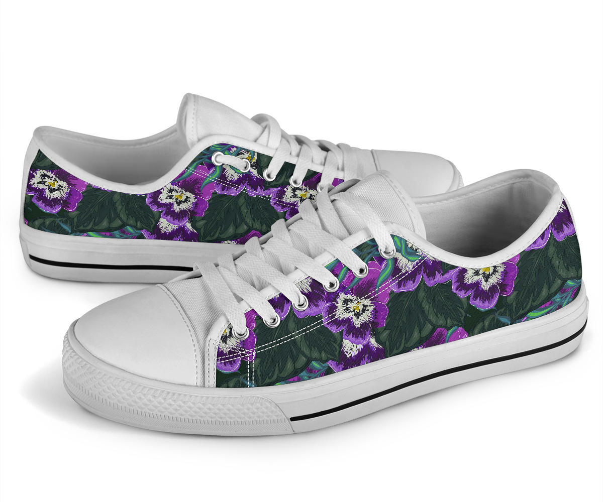 Pansy Pattern Print Design PS07 White Bottom Low Top Shoes