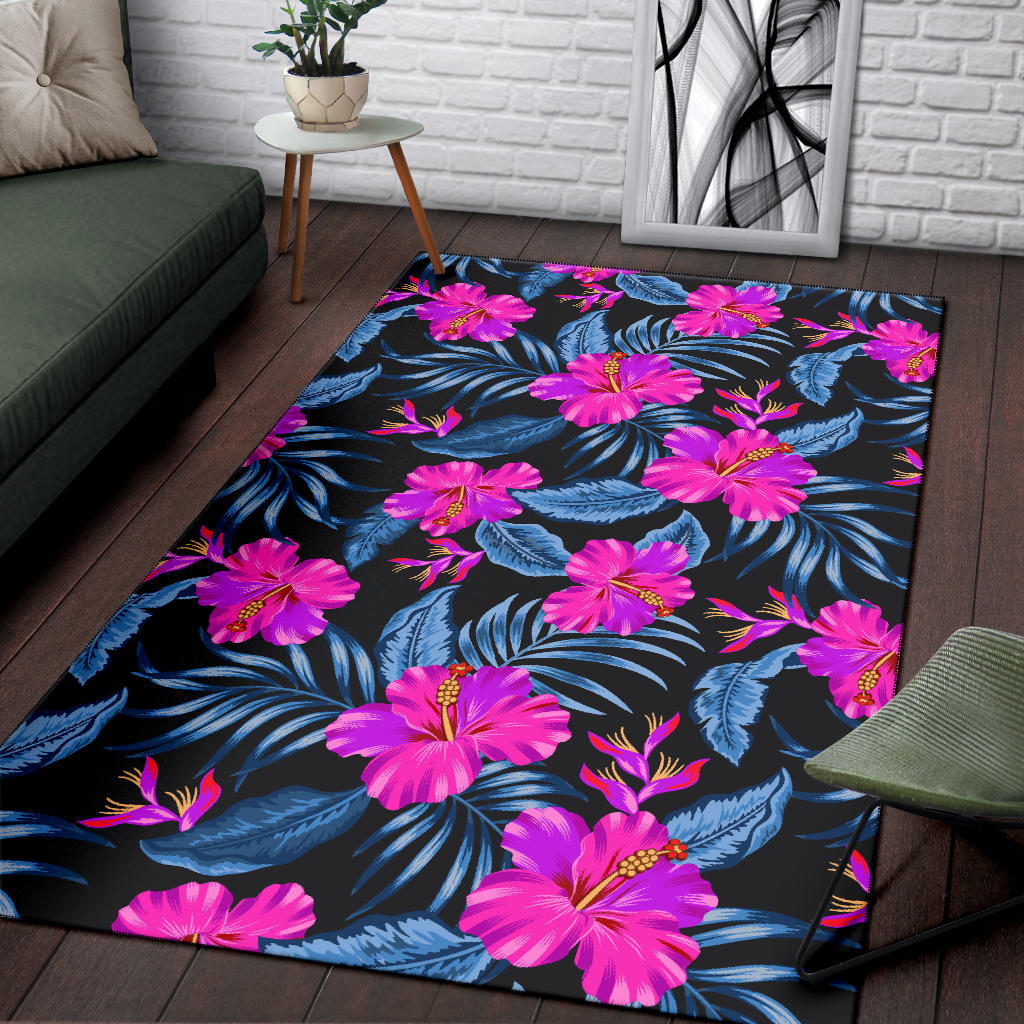 Neon Pink Hibiscus Pattern Print Design HB015 Area Rugs