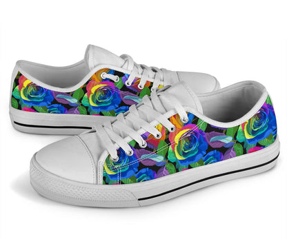 Rose Pattern Print Design RO02 White Bottom Low Top Shoes