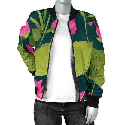 Water Lily Pattern Print Design WL09 Women Bomber Jacket