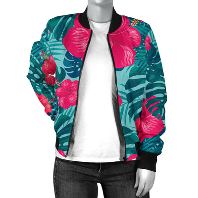 Red Hibiscus Pattern Print Design HB017 Women Bomber Jacket