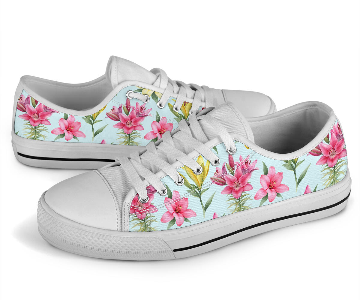 Lily Pattern Print Design LY010 White Bottom Low Top Shoes