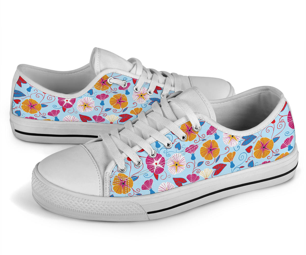 Morning Glory Pattern Print Design MG06 White Bottom Low Top Shoes