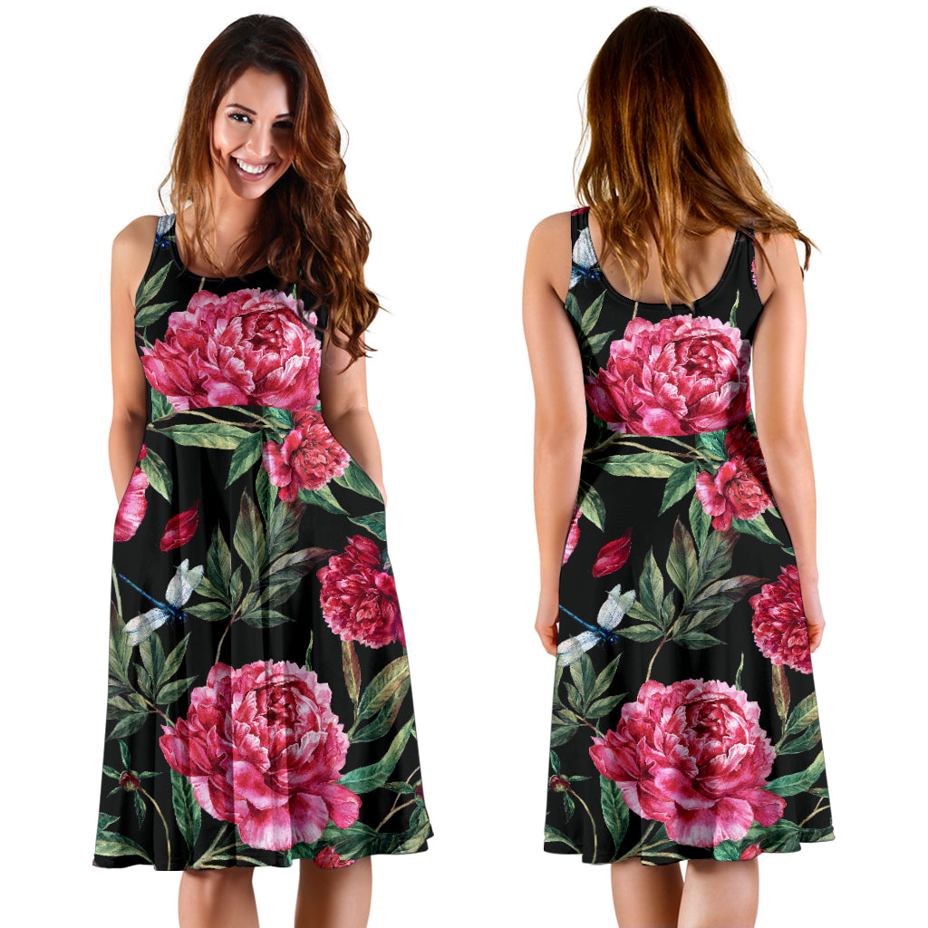Peony Pattern Print Design PE04 Midi Dress
