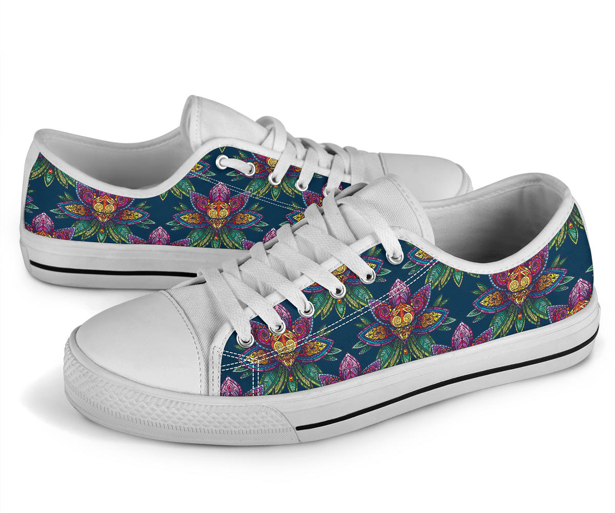 lotus Boho Pattern Print Design LO04 White Bottom Low Top Shoes