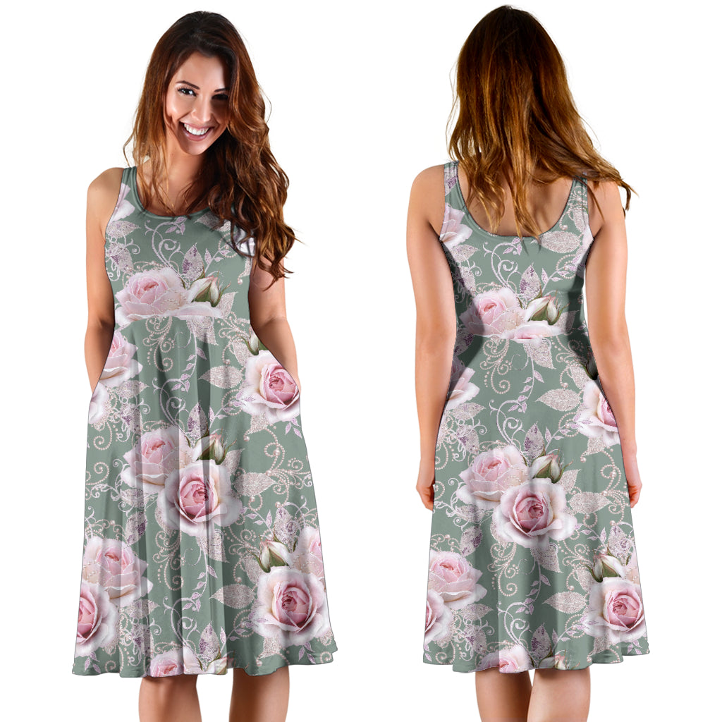 Rose White Pattern Print Design RO012 Midi Dress