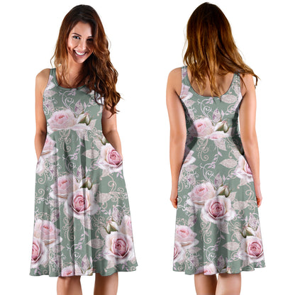 Rose White Pattern Print Design RO012 Midi Dress
