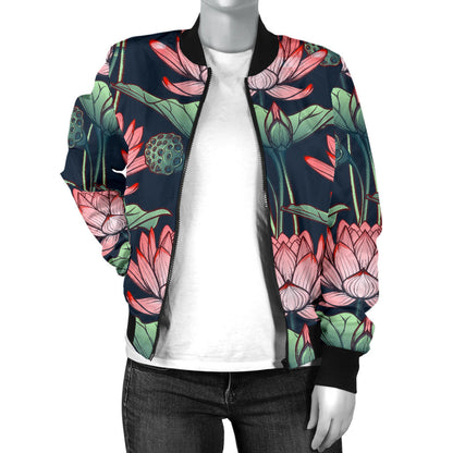 Water Lily Pattern Print Design WL03 Women Bomber Jacket