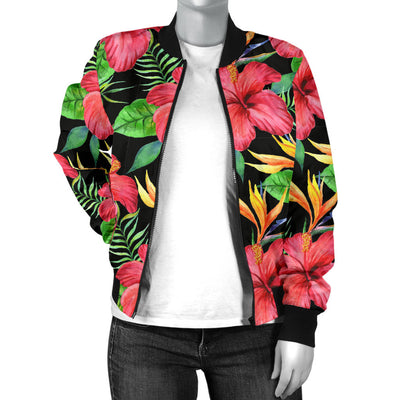 Red Hibiscus Pattern Print Design HB07 Women Bomber Jacket