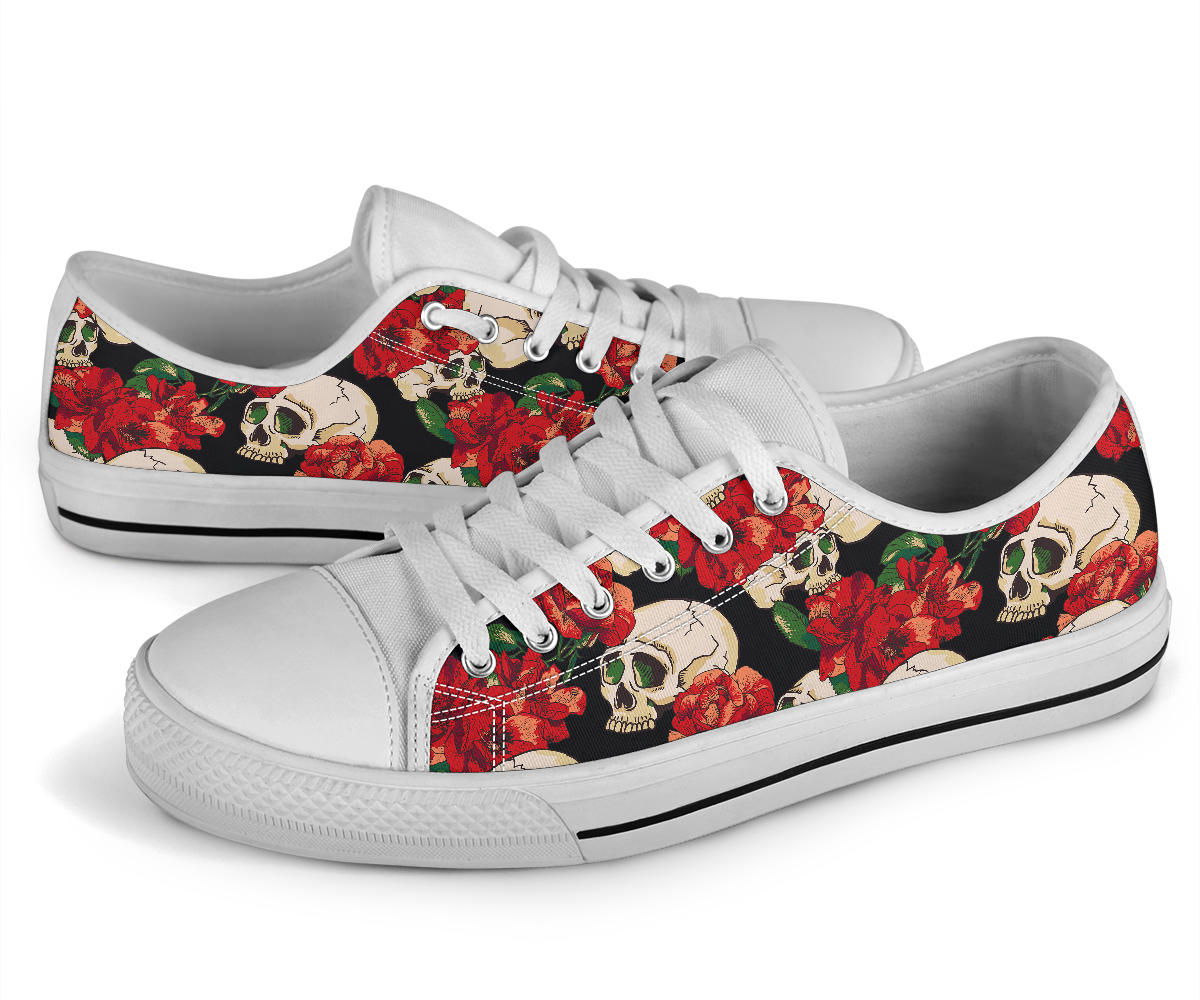 Skull Red Rose White Bottom Low Top Shoes