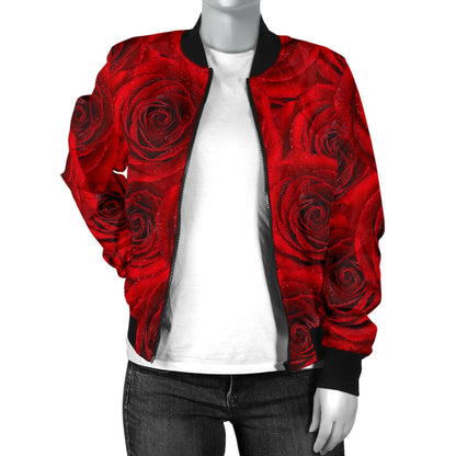 Rose Red Pattern Print Design RO04 Women Bomber Jacket