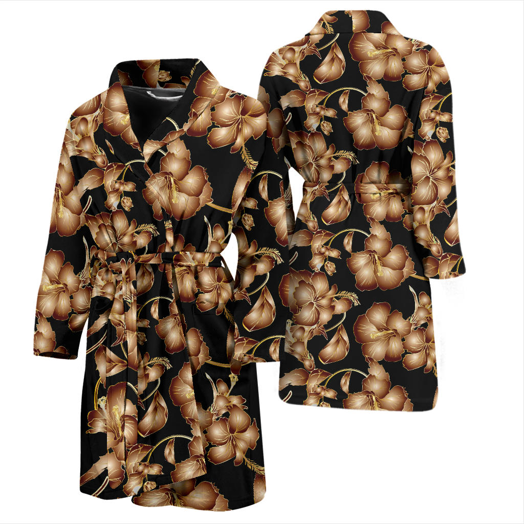 Brown Hibiscus Pattern Print Design HB06 Men Bathrobe