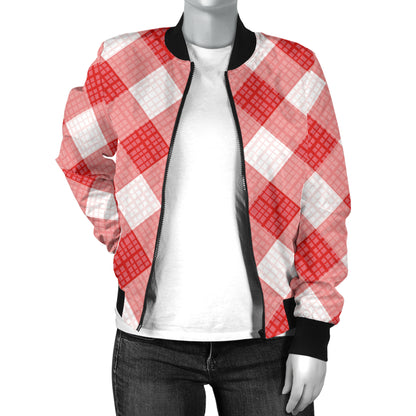 Gingham Red Pattern Print Design 01 Women's Bomber Jacket