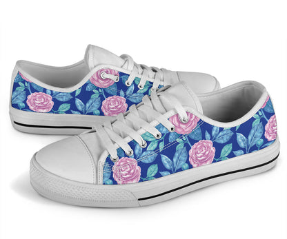 Camellia Pattern Print Design CM05 White Bottom Low Top Shoes