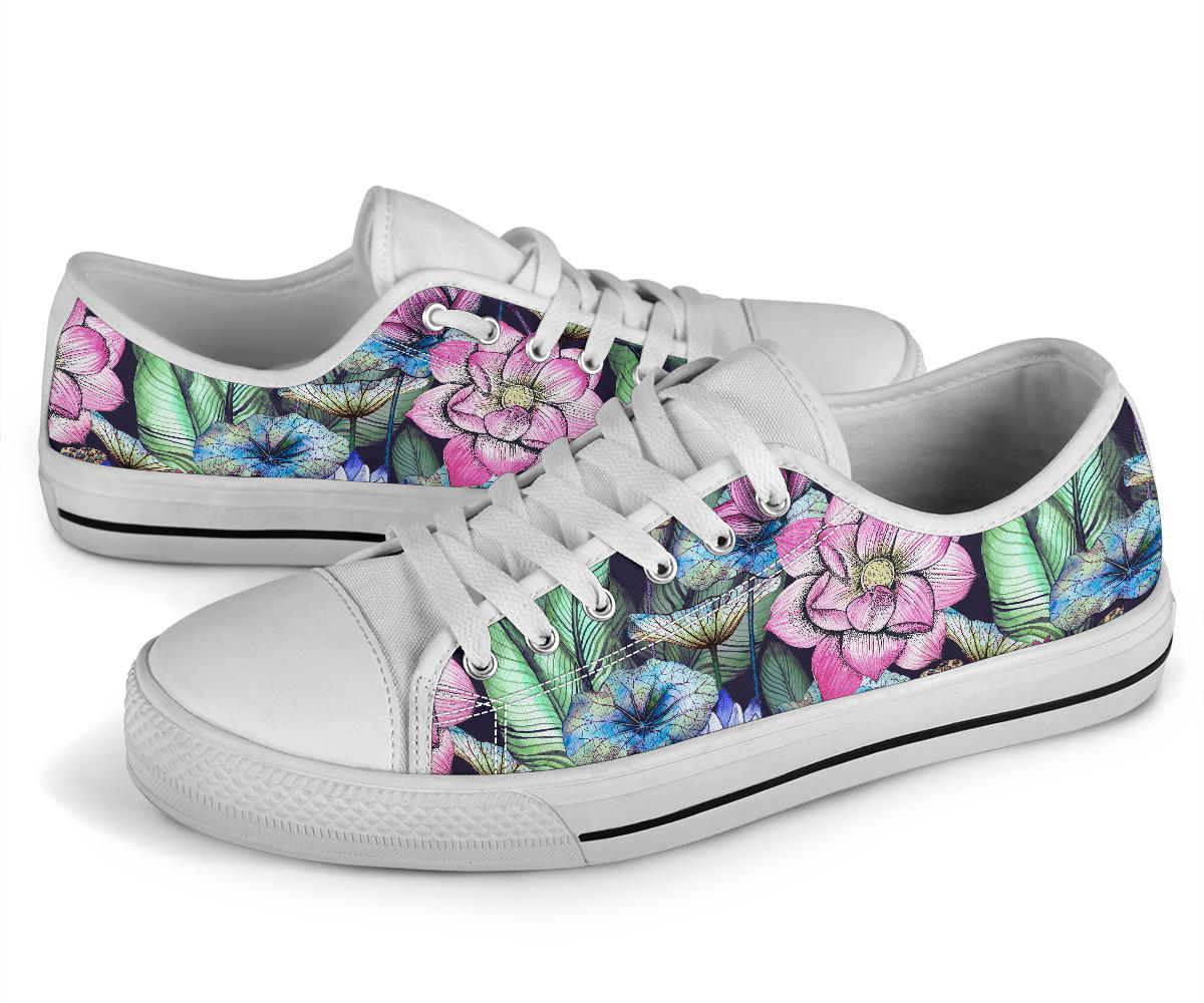 Water Lily Pattern Print Design WL07 White Bottom Low Top Shoes