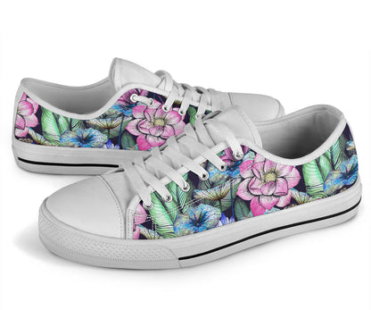 Water Lily Pattern Print Design WL07 White Bottom Low Top Shoes