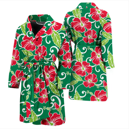 Red Hibiscus Pattern Print Design HB019 Men Bathrobe