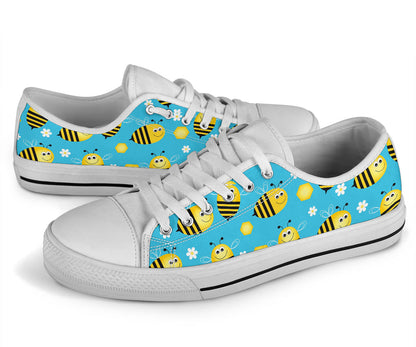 Bee Pattern Print Design BEE06 White Bottom Low Top Shoes
