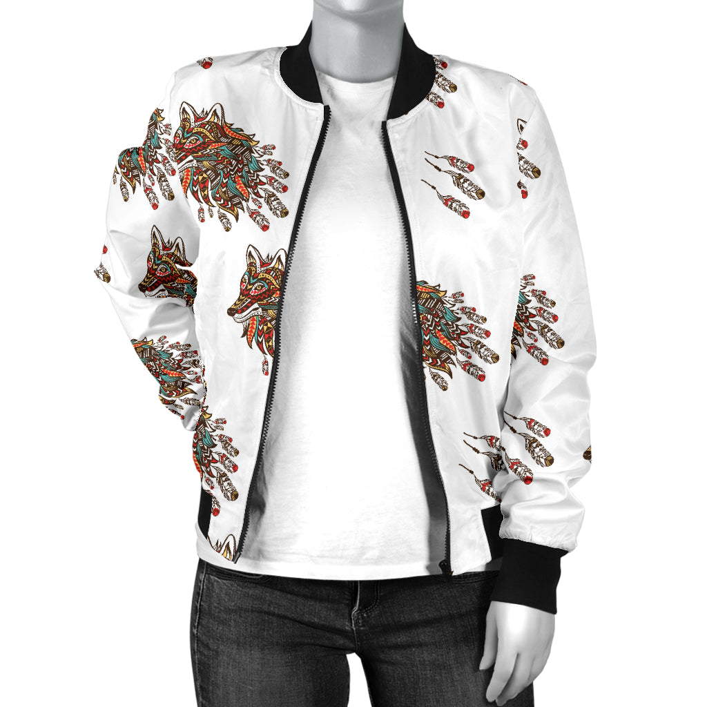 Aztec Wolf Pattern Print Design 02 Women's Bomber Jacket