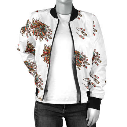 Aztec Wolf Pattern Print Design 02 Women's Bomber Jacket