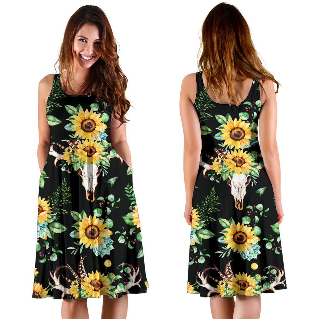 Sunflower Pattern Print Design SF08 Midi Dress