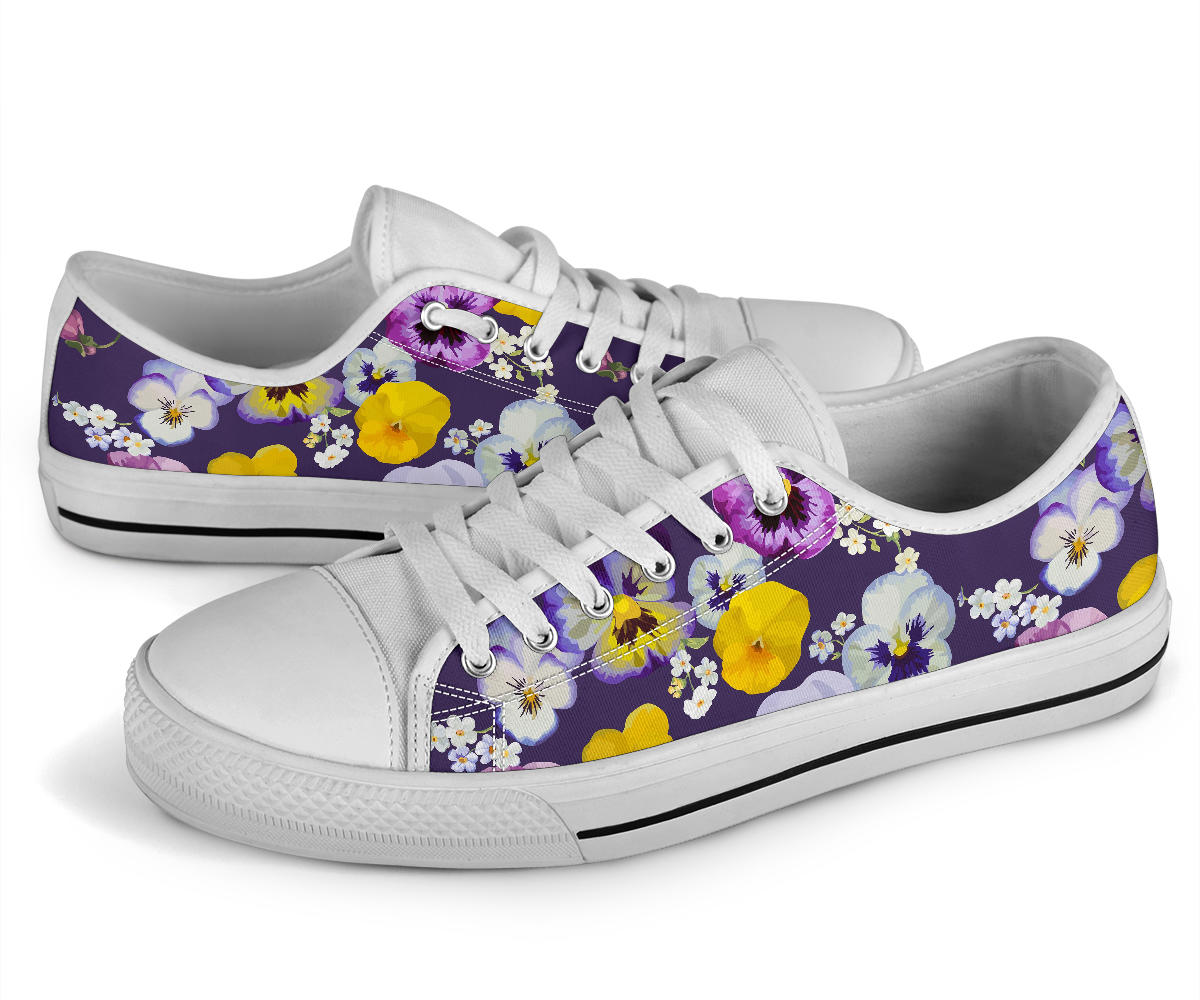 Pansy Pattern Print Design PS02 White Bottom Low Top Shoes