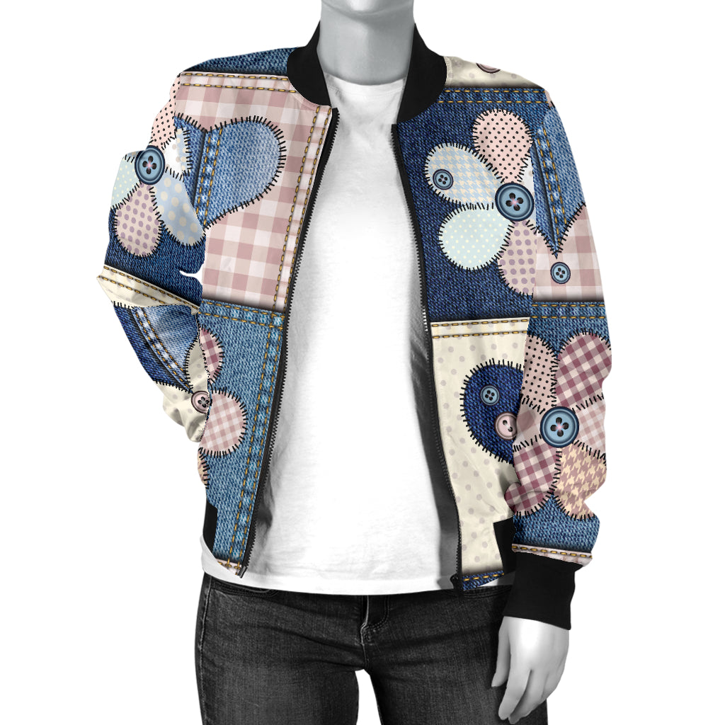 Patchwork Heart Flower Pattern Print Design 01 Women's Bomber Jacket