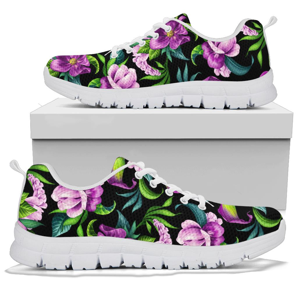 Bright Purple Floral Pattern Sneakers White Bottom Shoes