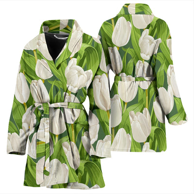 Tulip White Pattern Print Design TP05 Women Bathrobe