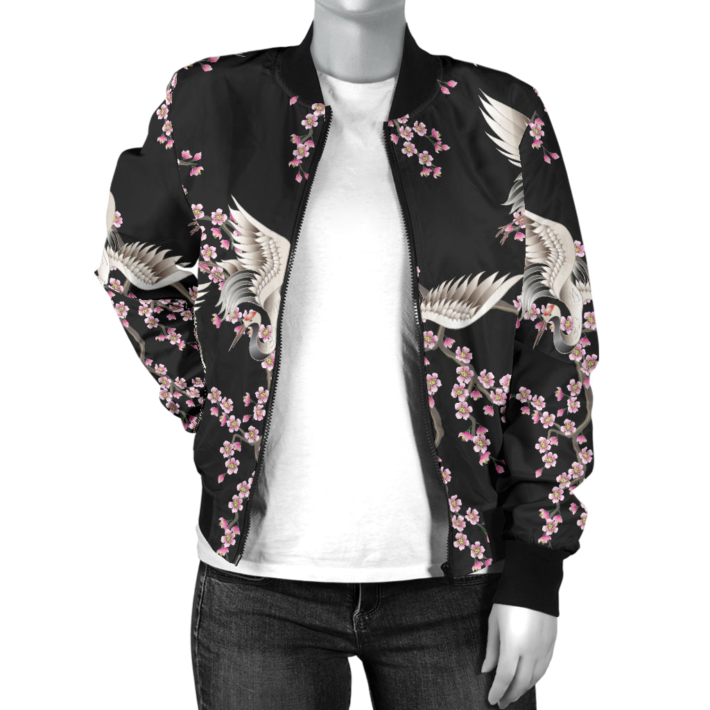Crane Pattern Print Design 01 Women's Bomber Jacket