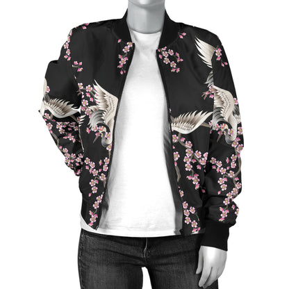 Crane Pattern Print Design 01 Women's Bomber Jacket