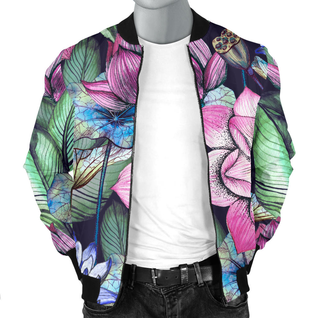 Water Lily Pattern Print Design WL07 Men Bomber Jacket