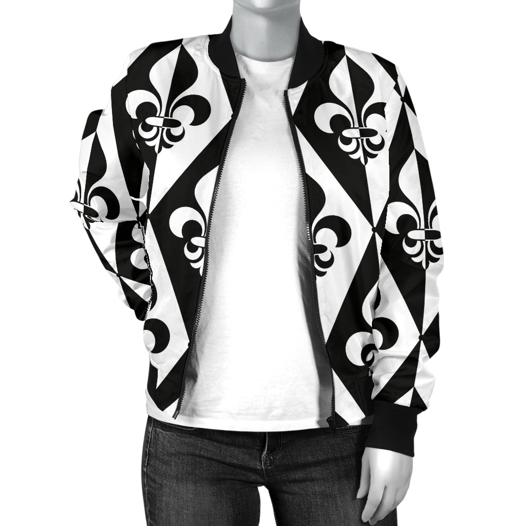 Fleur De Lis Black White Pattern Print Design 02 Women's Bomber Jacket