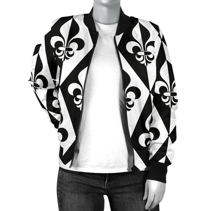 Fleur De Lis Black White Pattern Print Design 02 Women's Bomber Jacket