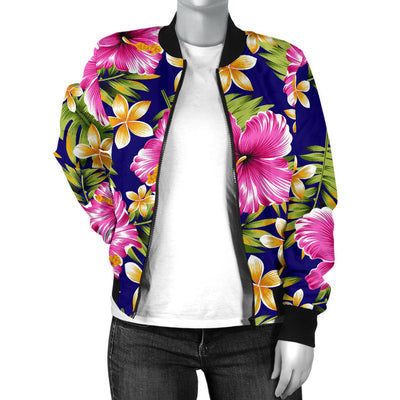 Pink Hibiscus Pattern Print Design HB027 Women Bomber Jacket